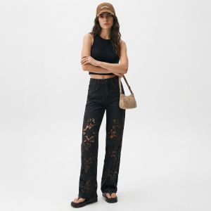Black Wide Leg Jeans with Lace Patchwork & Pearl