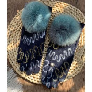 Grey Embroidered Gloves with Faux Fur Poms