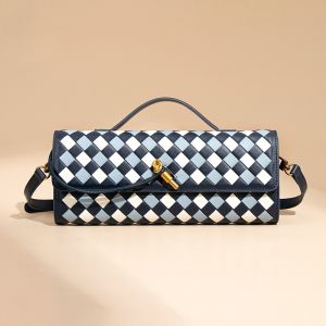 Bule and White Woven Check Bag with Long Strap