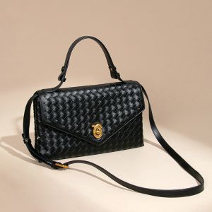 Woven Faux Leather Top Handle Bag with Gold Clasp