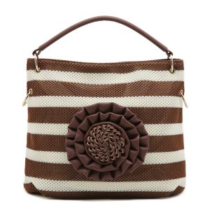 Large Striped Bag with 3D Floral Detail