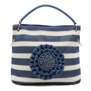 Large Striped Bag with 3D Floral Detail