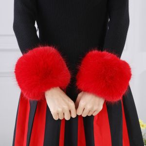 Elegant Plain Faux Fur Wrist Cuffs in Red