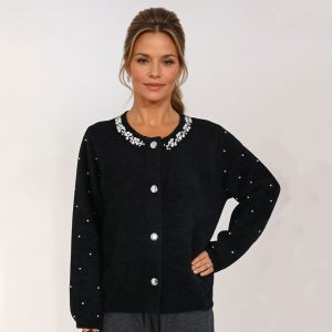 Elegant Pearlies Embellished Sleeves Soft Cardigan