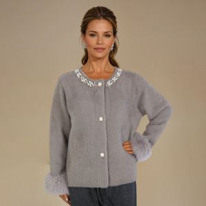 Faux Fur Cuffs and Pearlies Details Cardigan