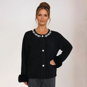 Faux Fur Cuffs and Pearlies Details Cardigan