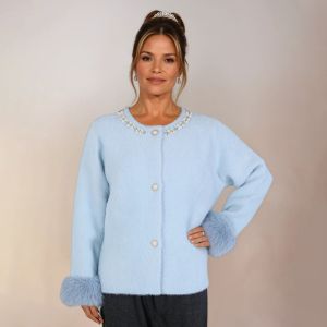 Faux Fur Cuffs and Pearlies Details Cardigan