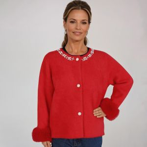 Faux Fur Cuffs and Pearlies Details Cardigan