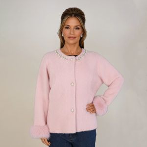 Faux Fur Cuffs and Pearlies Details Cardigan