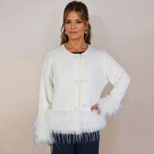Feather-Trim Cropped Double Row Buttons Cardigan