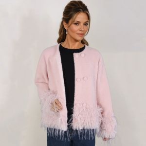 Feather-Trim Cropped Double Row Buttons Cardigan