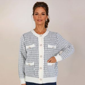 Striped Cardigan with Gold-Trimmed Pearl