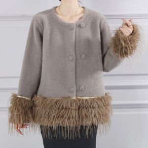 Feather-Trim Cropped Double Row Buttons Cardigan