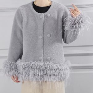 Feather-Trim Cropped Double Row Buttons Cardigan