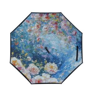 Impressionist Garden Upside Down Umbrella in Blue