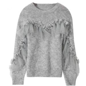 Grey Textured Knit Cardigan with Sheer Ruffle