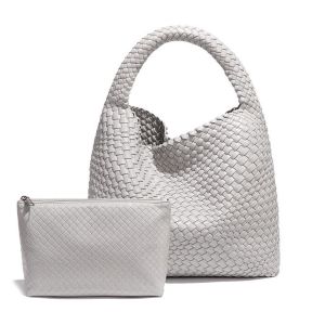 Silver Chic Weave Tote Bag with Matching Clutch
