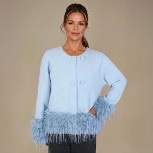 Feather-Trim Cropped Double Row Buttons Cardigan