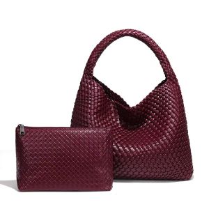 Raspberry Weave Tote Handbag with Matching Clutch