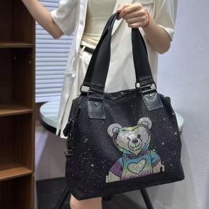Elegant Black Rhinestone Handbag with Teddy Bear