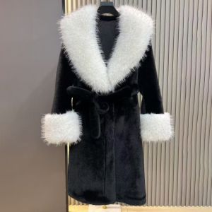Black Faux Fur Coat with White Oversized Collar