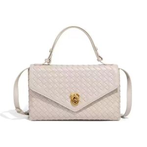 Woven Faux Leather Top Handle Bag with Gold Clasp