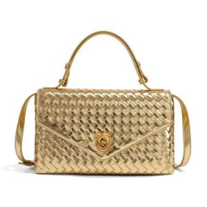 Woven Faux Leather Top Handle Bag with Gold Clasp