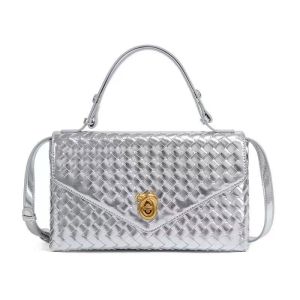 Woven Faux Leather Top Handle Bag with Gold Clasp