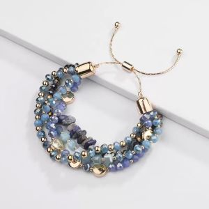 Multi Beaded Bracelet with Gold Disc Accents Blue