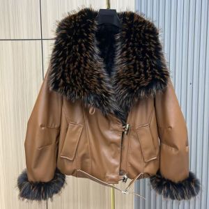 Camel Faux Leather Aviator Jacket with Faux Fur Collar & Cuffs