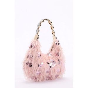 Faux Feathers & Sequin Hobo Bag with Crystal Handle