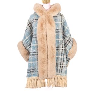 Serene Blue Plaid Hooded Cape with Sequins PE906 