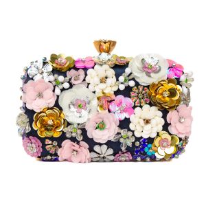 Navy Floral Embellished Clutch Evening Bag