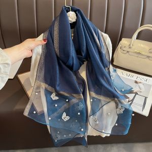 Navy Silk Scarf with Butterflies & Pearls Details