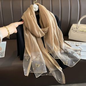 Gold Silk Scarf with Butterflies & Pearls Details