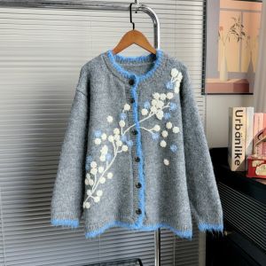 Mohair-Feel Floral Knit Grey Cardigan