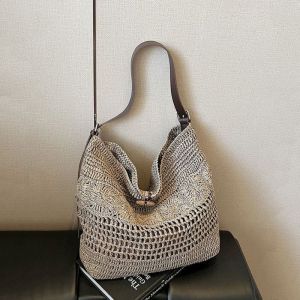 Straw Crochet Tote Summer Bag With Faux Leather Strap