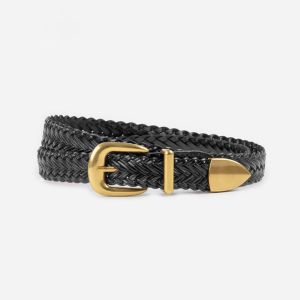 Solid Brass & Braided Faux Leather Belt in Black