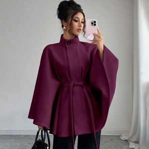 Batwing Cape Jacket with High Neck and Tie-Waist