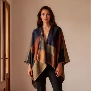 Soft Knit Color-Block Poncho Cape