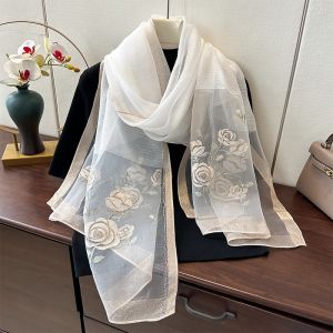 Sheer Silk Scarf with Embroidered Roses