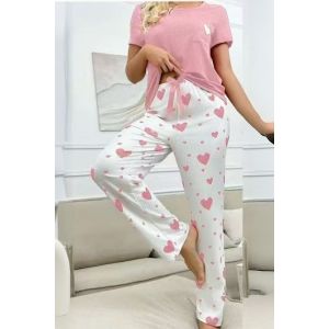 Short Sleeve Ribbed Top & Heart Pattern Pyjama Set