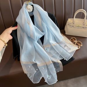 Blue Silk Scarf with Butterflies & Pearls Details