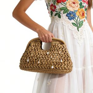 Straw Summer Tote Bag with Starfish and Pearl Charms