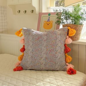 Chunky Cable Knit Cushion Pillow with Colorful Tassels