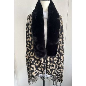 Leopard Print Scarf with Plush Faux Fur Collar & Fringe Trim