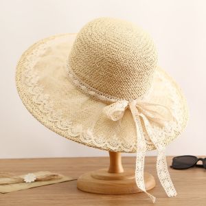 Wide Brim Straw Sun Hat with Delicate Lace Trim