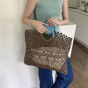 Chocolate Open-Weave Crochet Tote Bag with Ring Handles