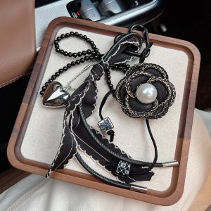 Black Camellia Flower Keyring with Elegant Bow & Pearl Detail