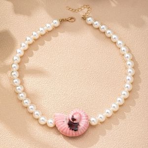 Pink Shell Pendant Ivory Pearl Choker Necklace